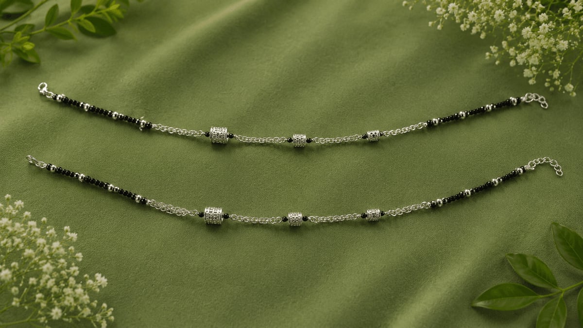 BLACK BEAD OXIDISED BARREL DOUBLE CHAIN PAYAL