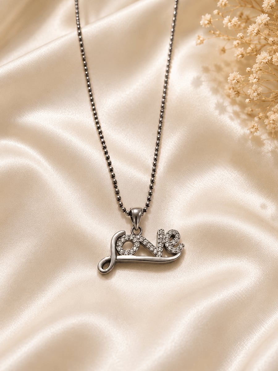 Oxidised CZ Love Script Ball Chain Pendant
