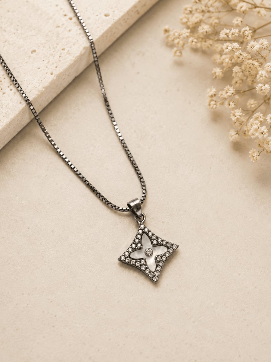 Oxidised CZ Star Flower Pendant Chain