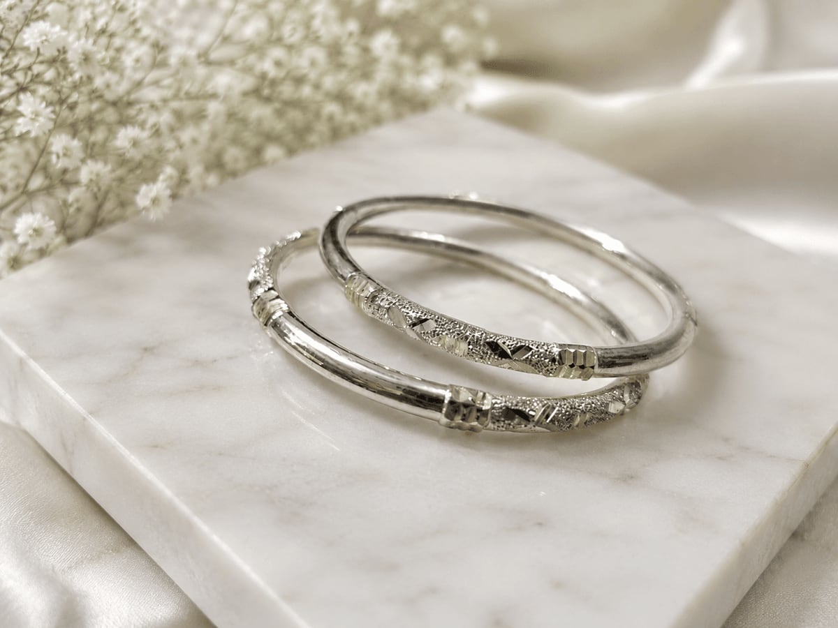 Twisted Engraved Silver Bangle Pair