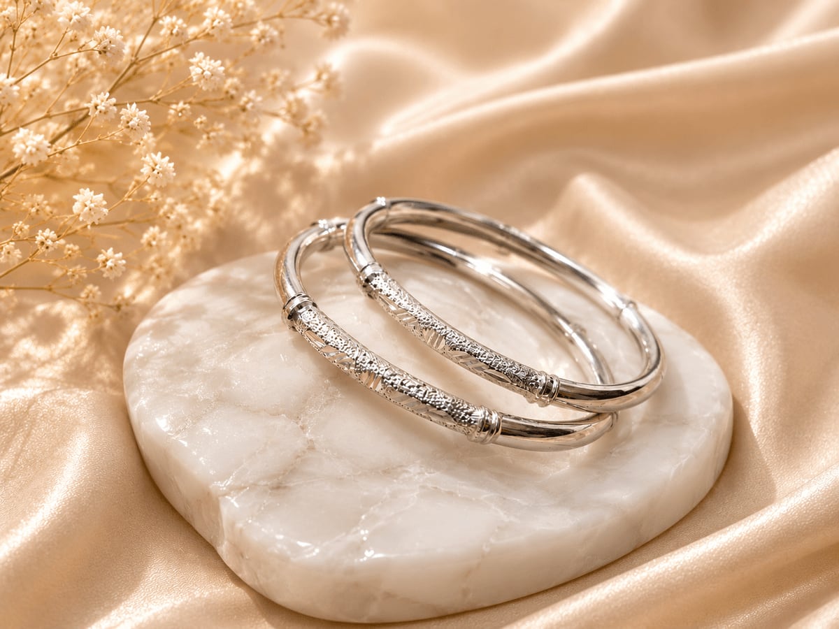 Diamond-Cut Sparkle Silver Bangle Pair