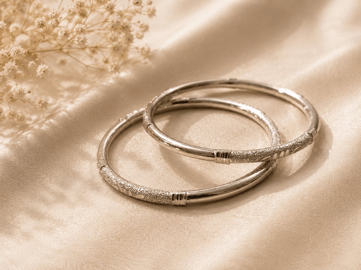Dual Finish Frosted & Polished Silver Bangle Pair