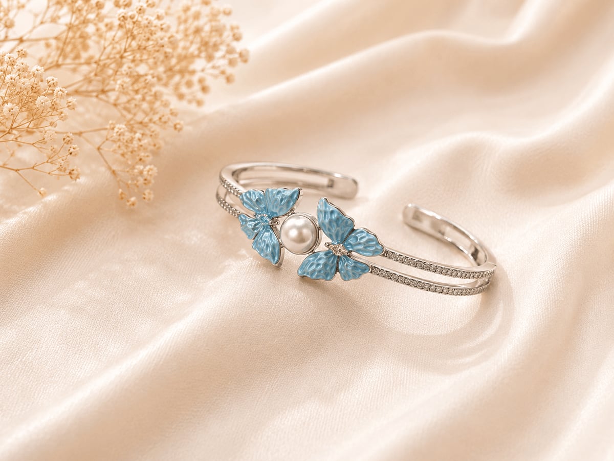 Blue Butterfly & Pearl Open Cuff