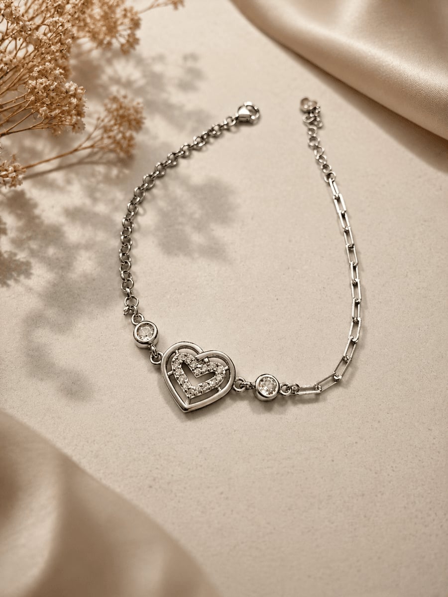 CZ Diamond Heart Pendant Bracelet