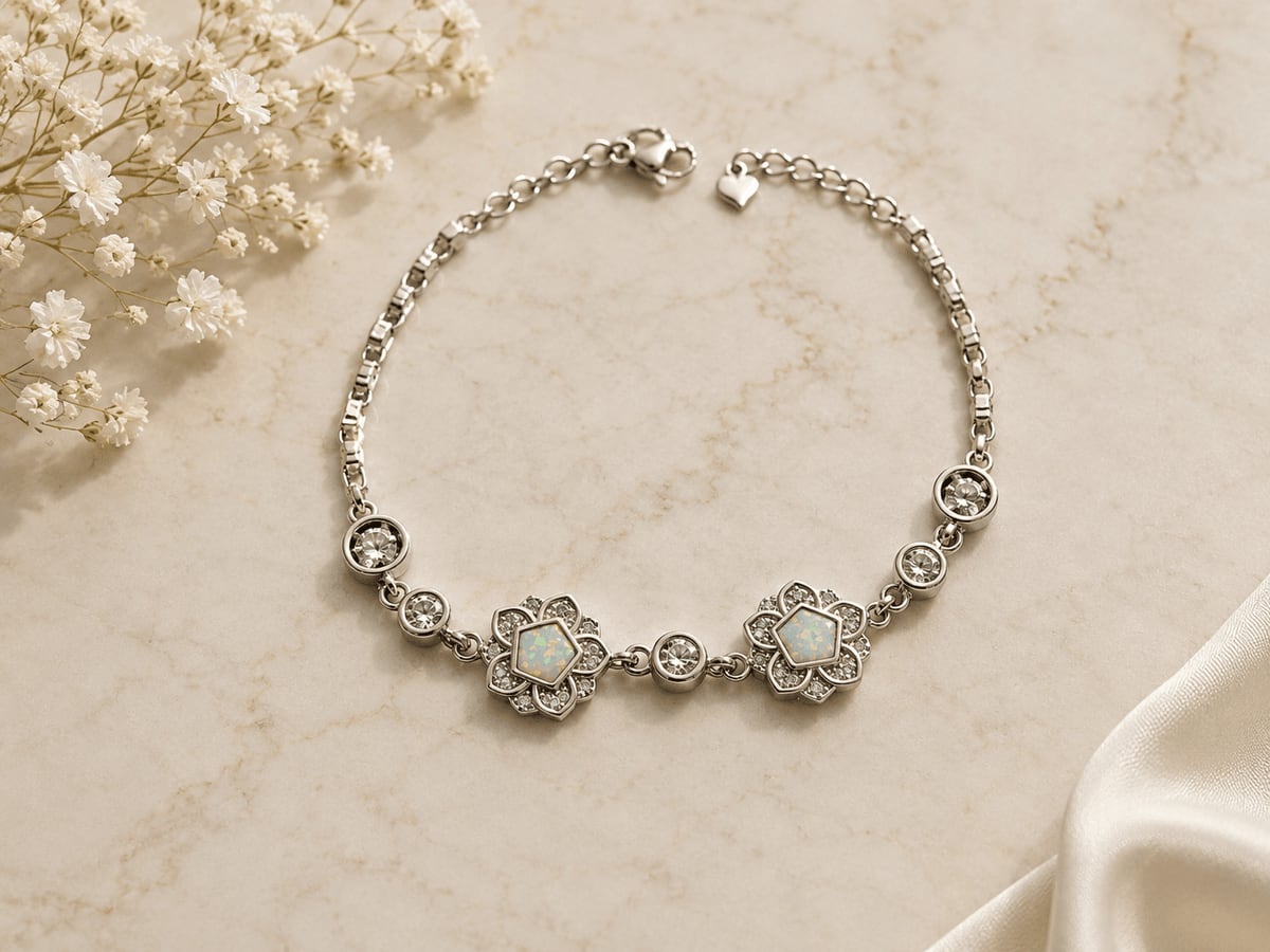 White Opal Lotus Floral Station Bracelet