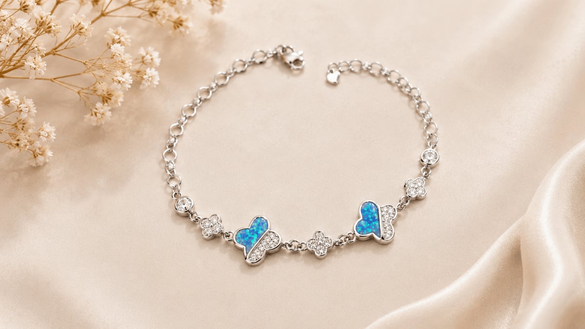 Blue Opal & White CZ Butterfly Bracelet