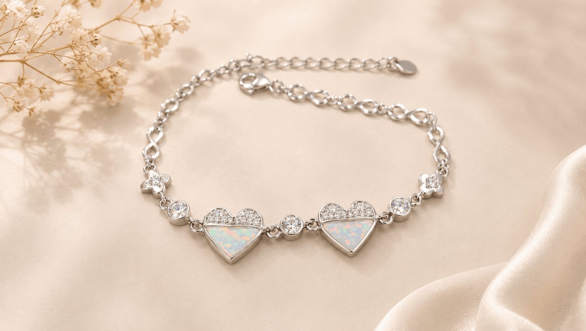 White Opal Heart Chain Bracelet