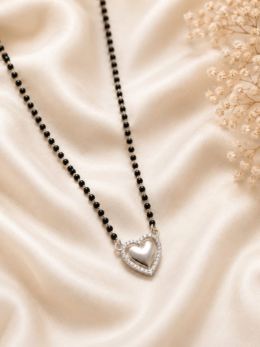 BLACK BEAD CZ HALO HEART MANGALSUTRA