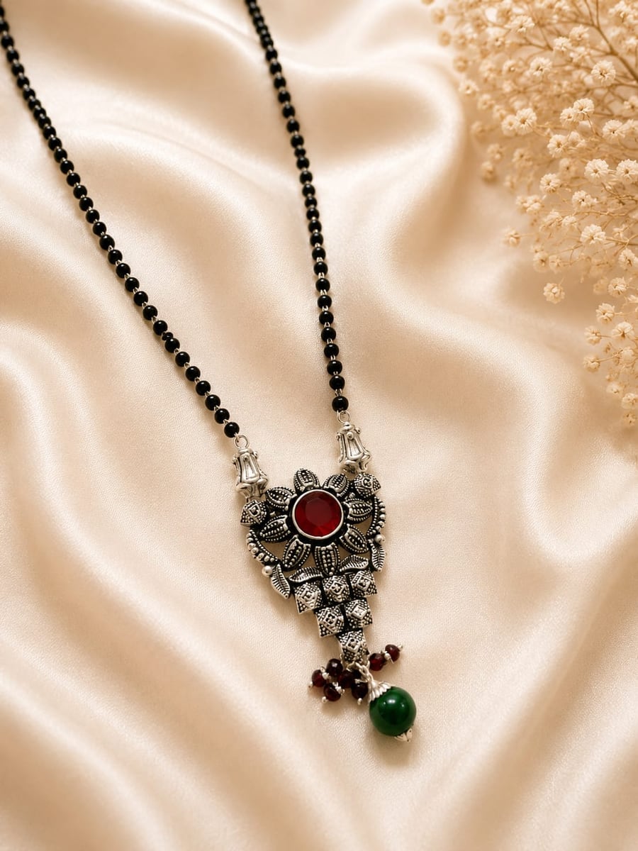 OXIDISED FLORAL RUBY JADE PENDANT MANGALSUTRA