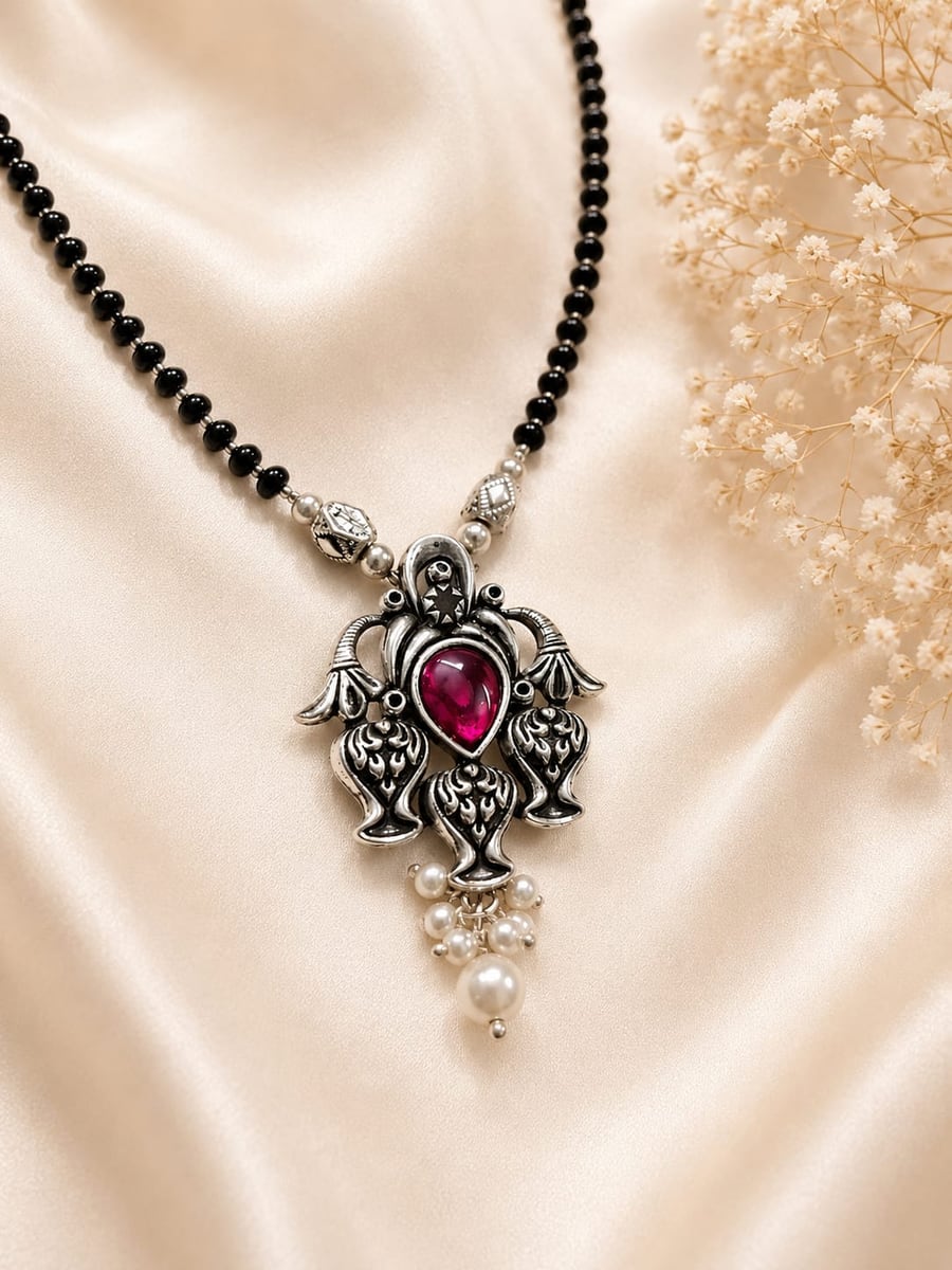 OXIDISED PEACOCK RUBY PEARL DROP MANGALSUTRA