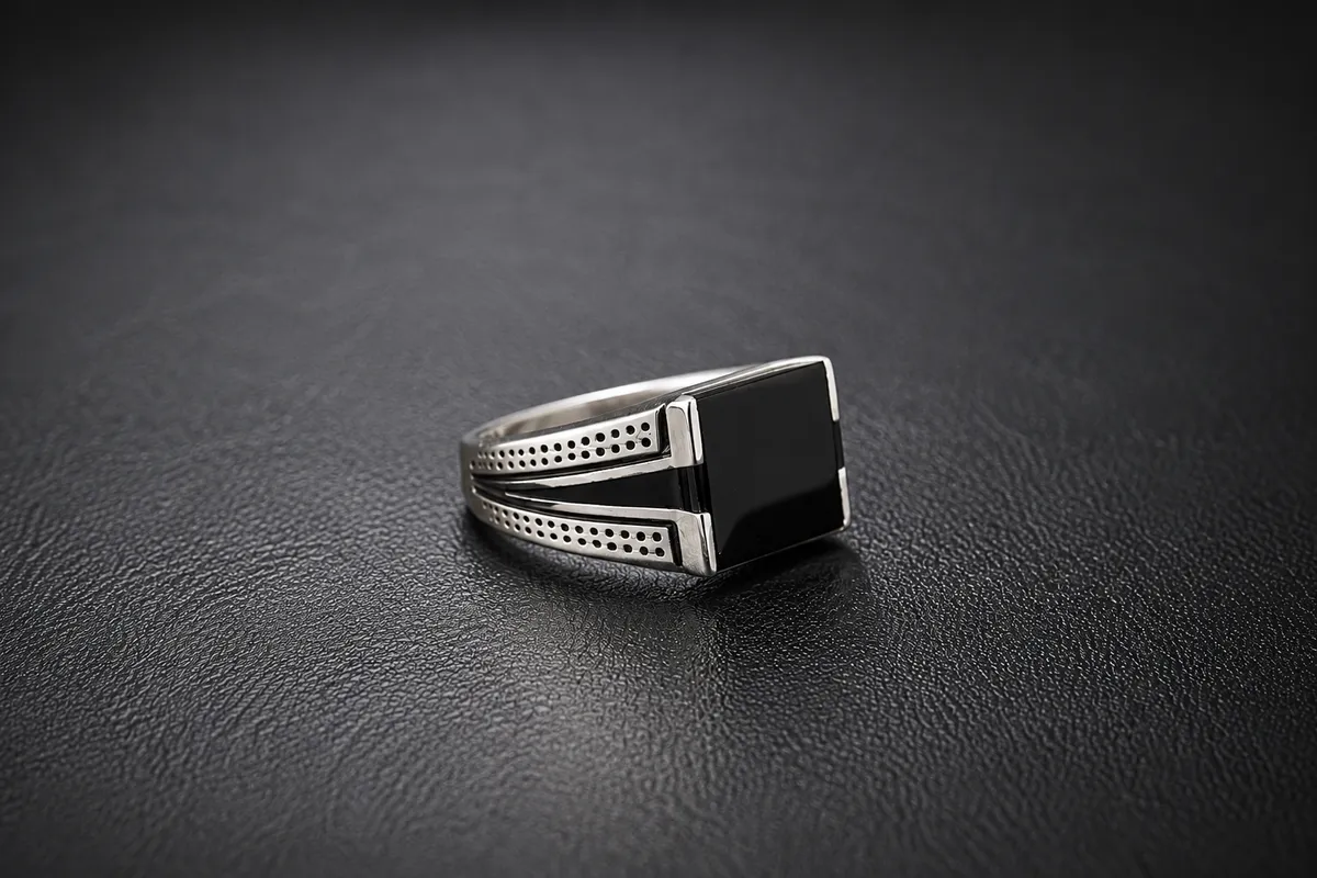 Sunburst Dot Onyx Signet Ring