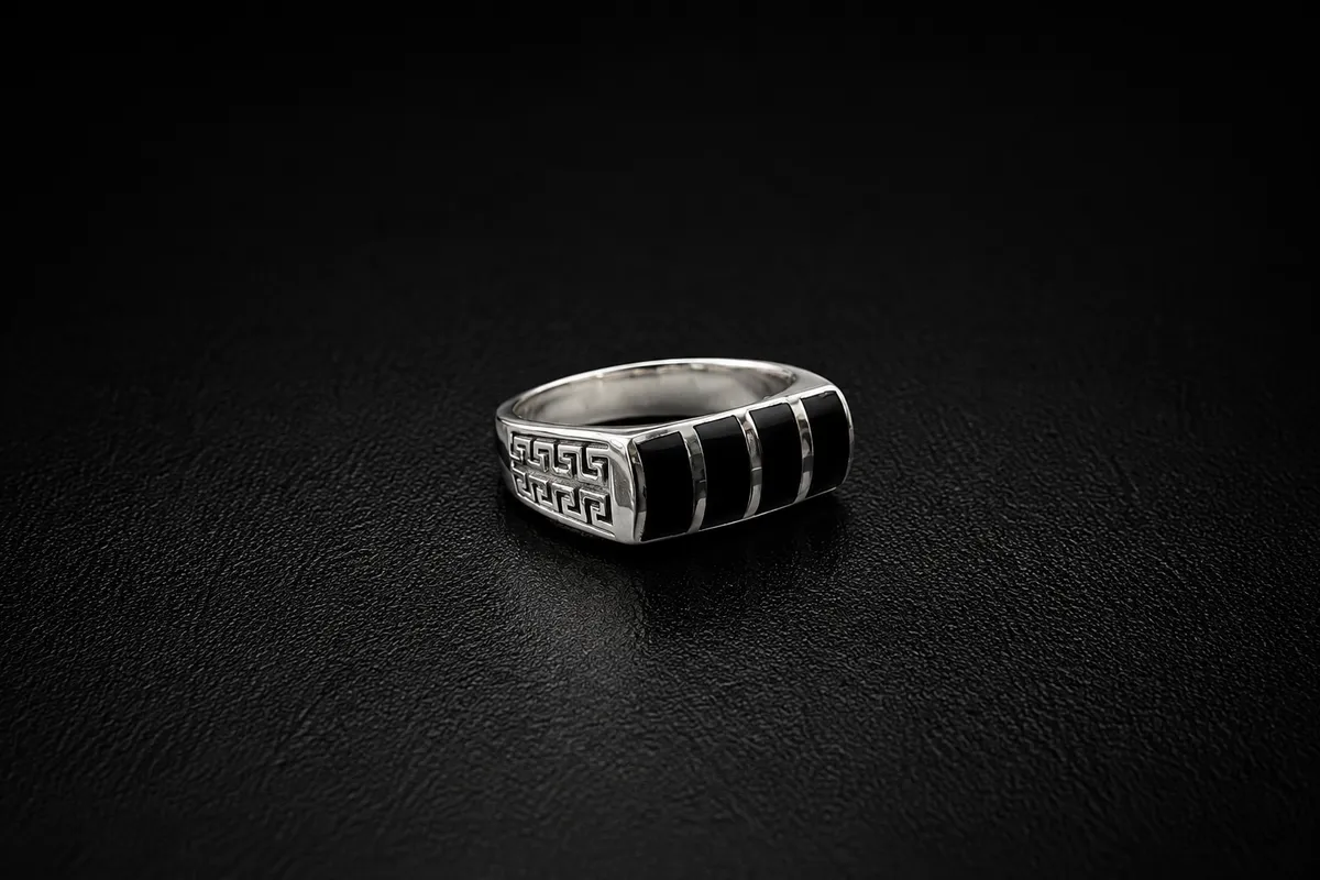 Segmented Onyx Greek Key Signet