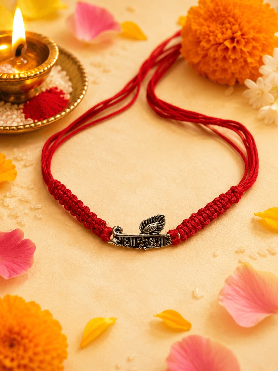 Radha Krishna Silver Charm Red Thread Rakhi