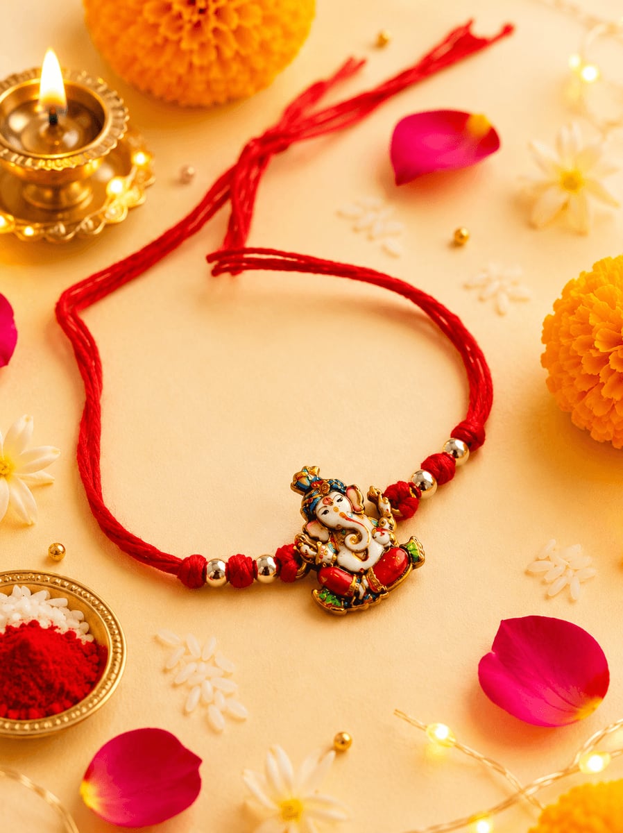 Ganesha Meenakari Charm Red Thread Rakhi