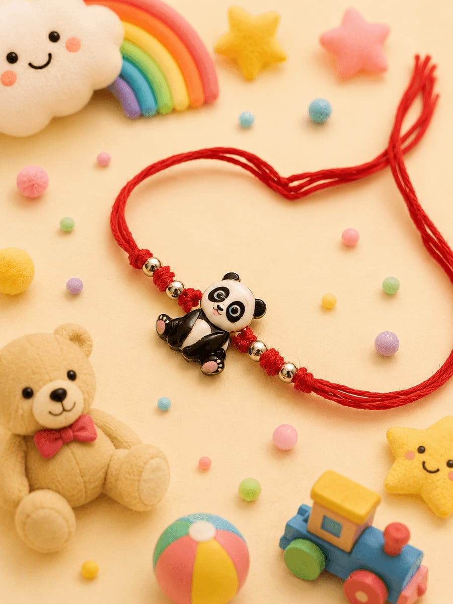 Panda Enamel Kids Red Beaded Rakhi