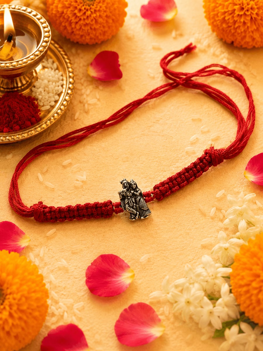 Radha Krishna Oxidised Silver Red Braided Rakhi