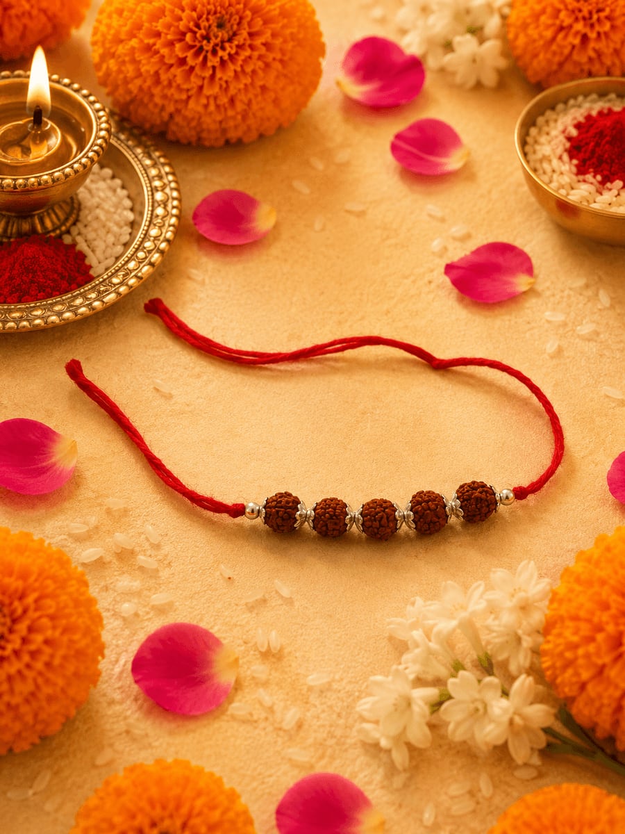 Panchmukhi Rudraksha Silver Spacer Red Thread Rakhi