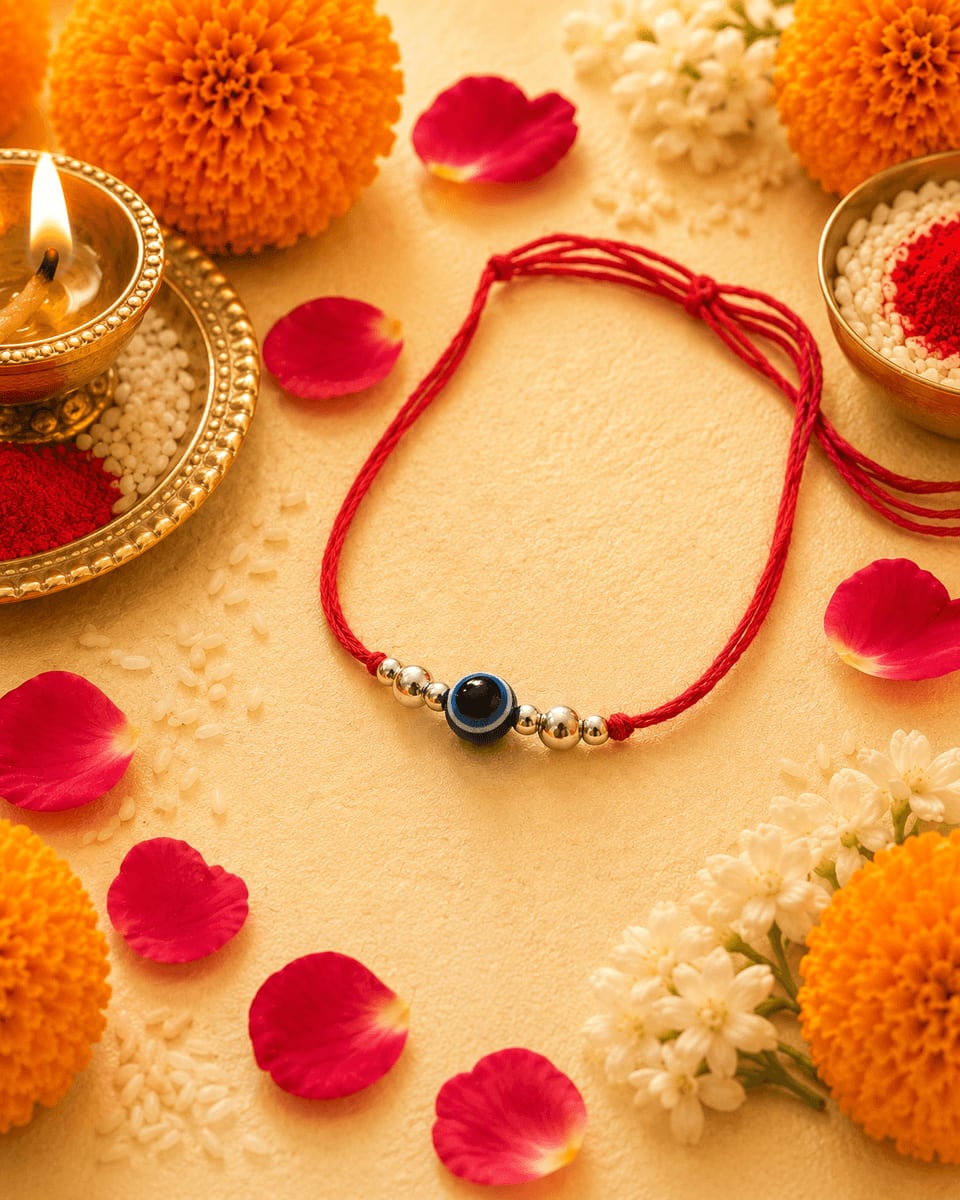 Evil Eye Nazar Silver Bead Red Thread Rakhi