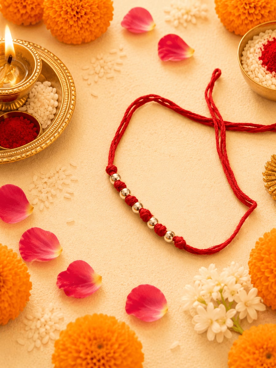 Red Coral Bead Silver Spacer Red Thread Rakhi