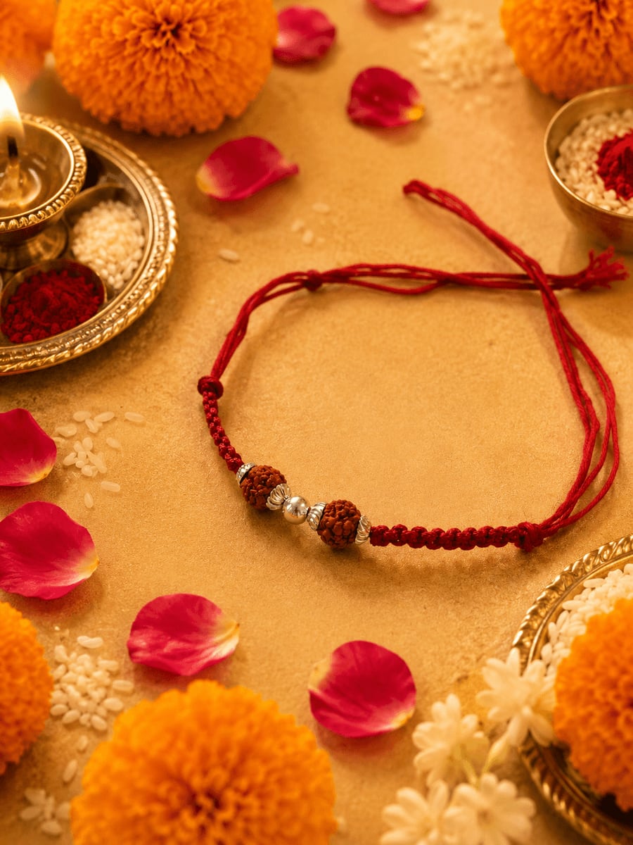 Double Rudraksha CZ Diamond Spacer Red Thread Rakhi