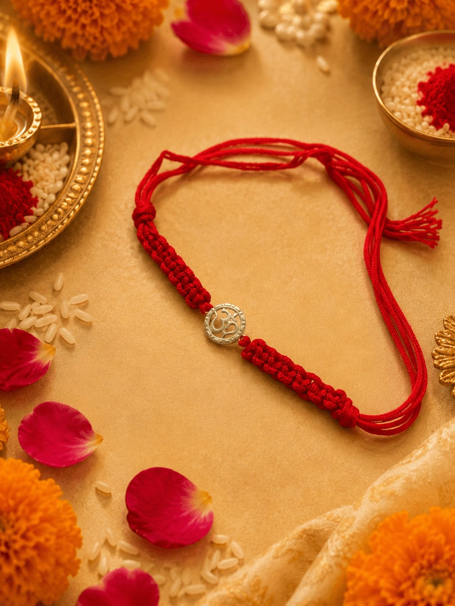 Om Silver Charm Red Macrame Braided Rakhi