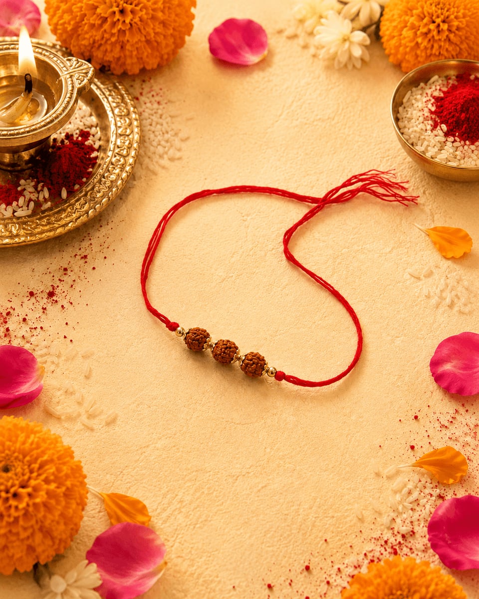 Triple Rudraksha Gold Cap Red Thread Rakhi