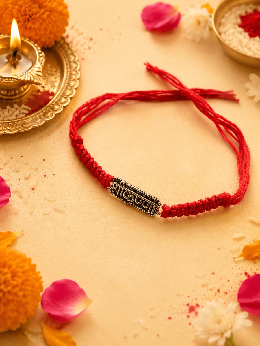 Shri Krishna Script Silver Bar Red Braided Rakhi
