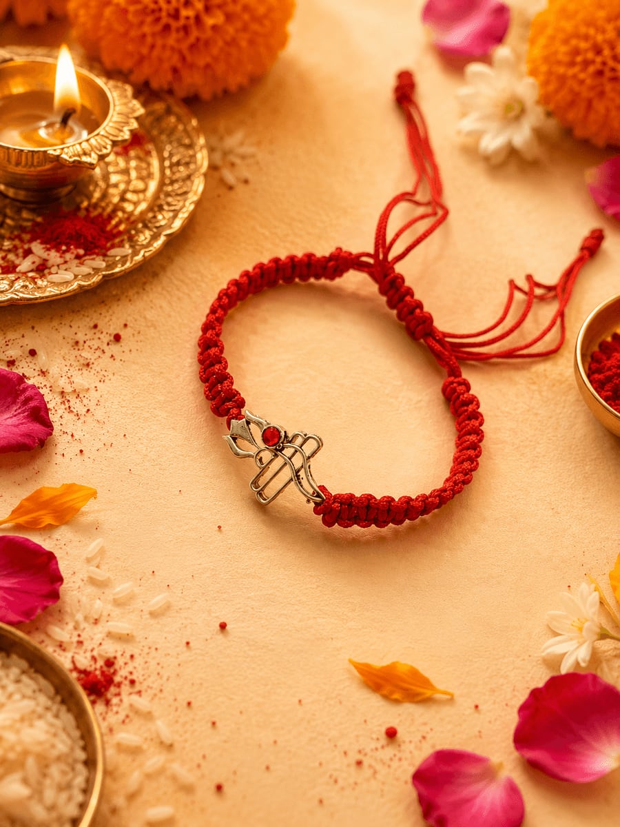 Swastik Silver Charm Red Braided Rakhi