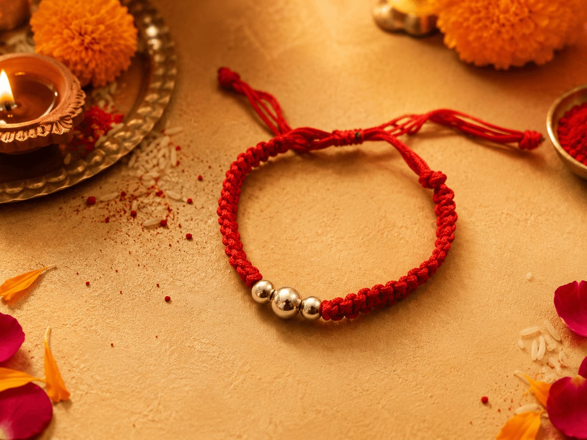 Triple Silver Ball Bead Red Braided Rakhi