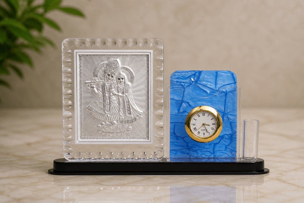 Radhe Krishna Blue Acrylic Clock & Pen Stand