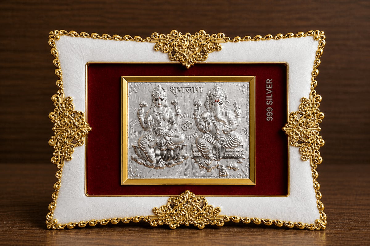 Laxmi Ganesh Shubh Labh White & Gold Frame