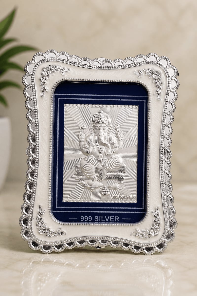 Ganesh Ji White & Silver Scalloped Frame