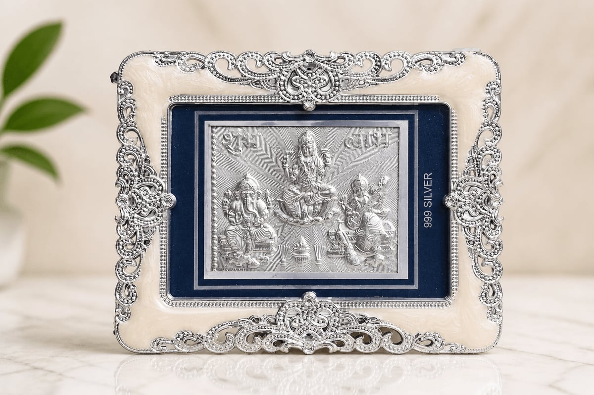 Ganesh Laxmi Saraswati White & Silver Frame