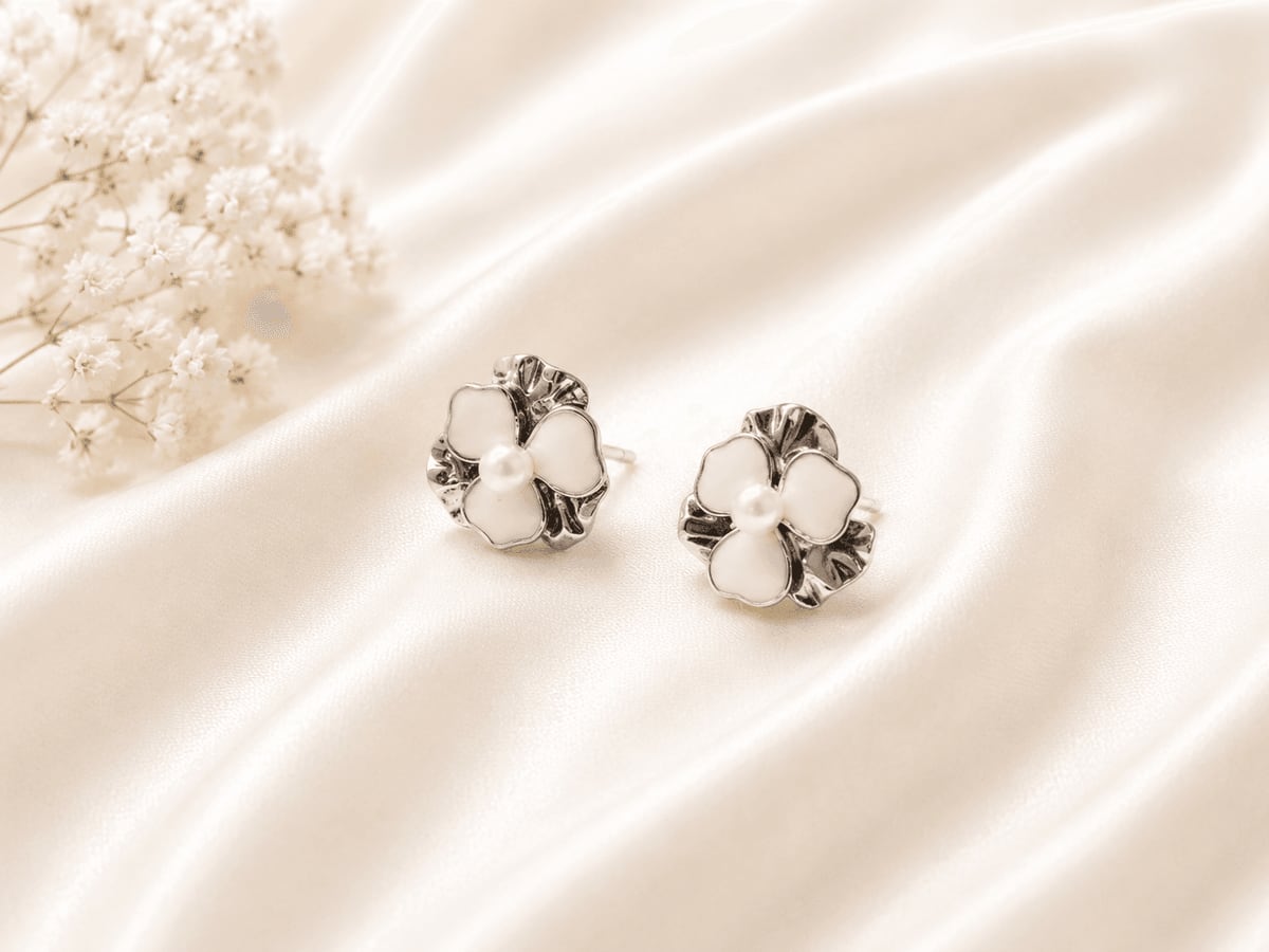 White Enamel Flower Pearl Stud Earrings