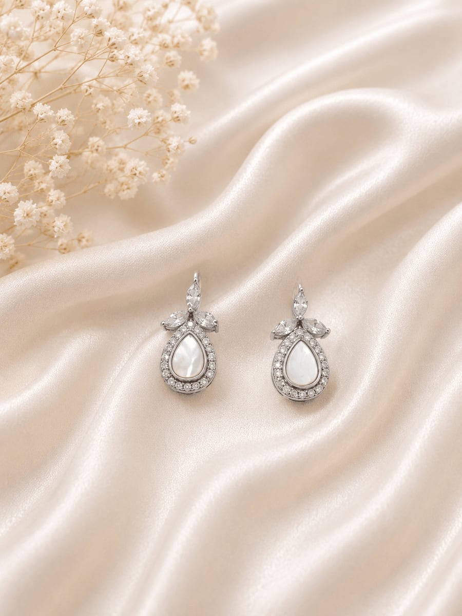 White Opal Teardrop CZ Halo Drop Earrings