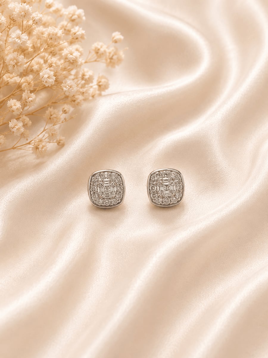 Baguette & Pavé CZ Cushion Stud Earrings