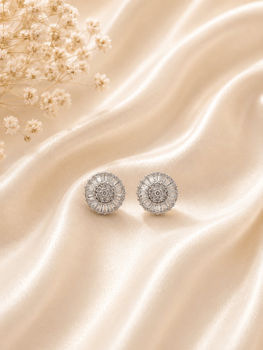 Baguette & Pavé CZ Round Stud Earrings