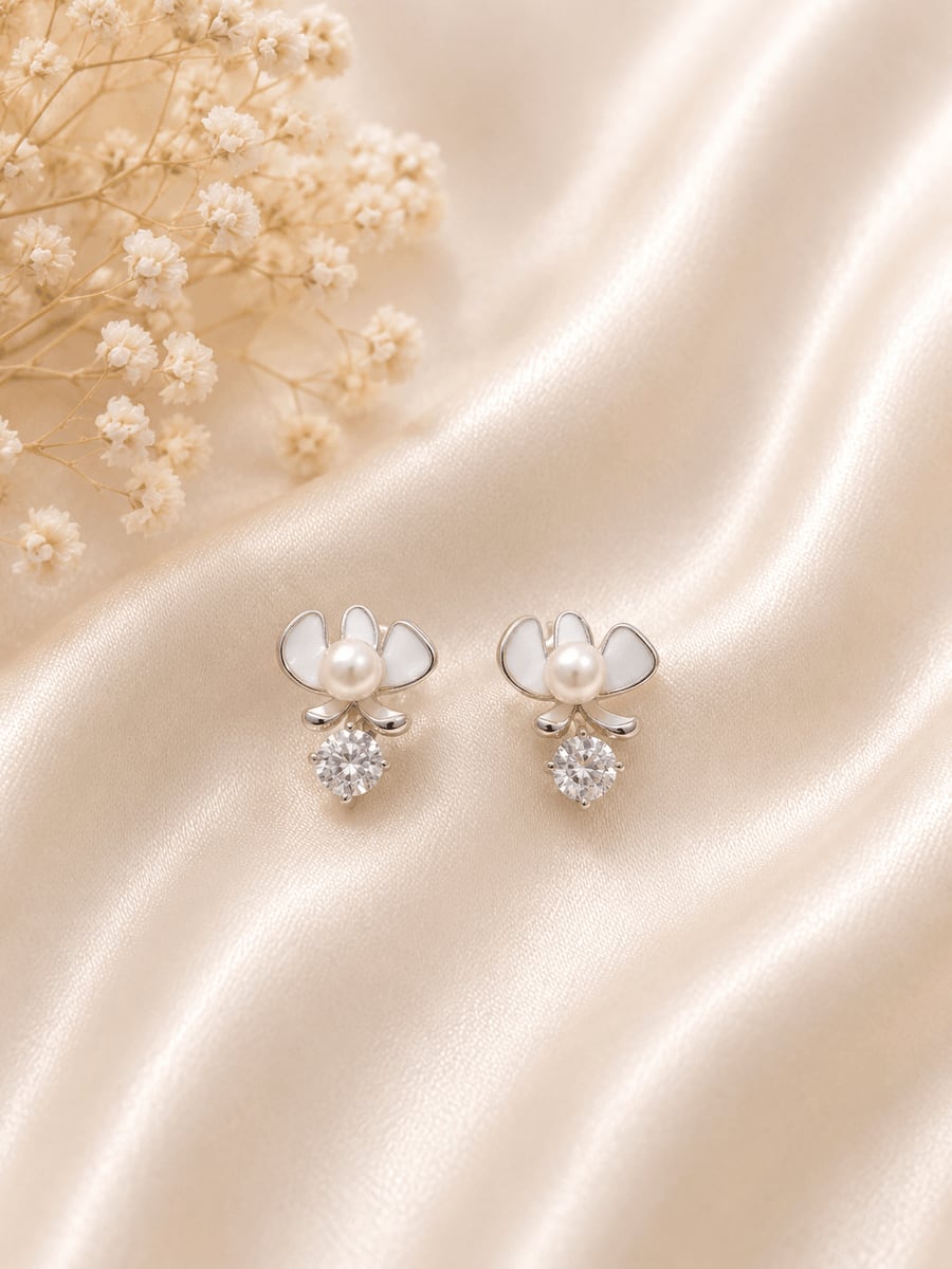 Pearl Flower & CZ Snowflake Drop Earrings