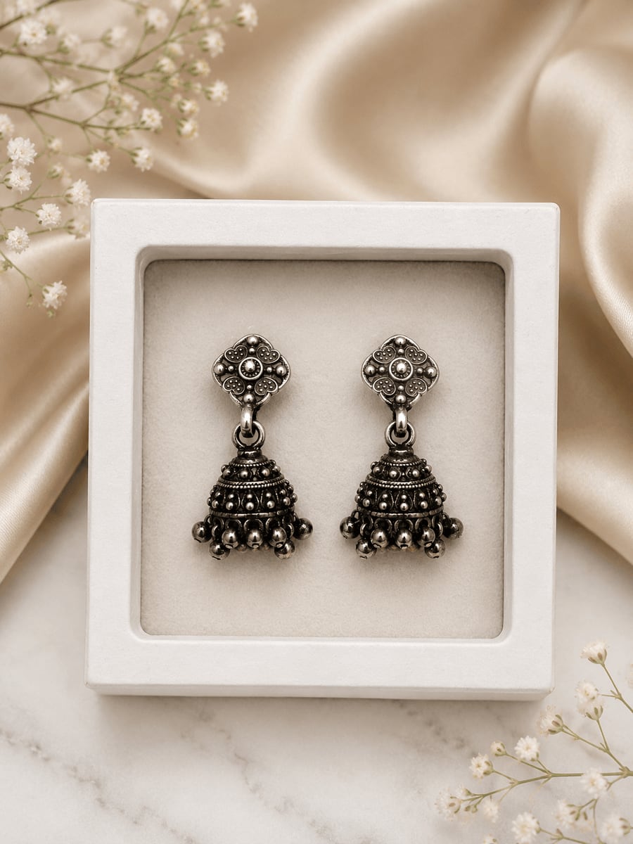 Oxidised Floral Top Beaded Jhumka Earrings