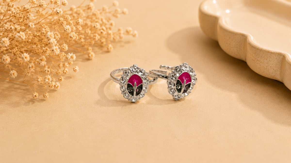 Oval CZ Pavé Pink Green Rose Enamel Bichhiya