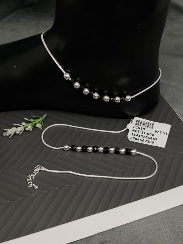 PCS28 Black Bead Silver Ball Payal Anklet