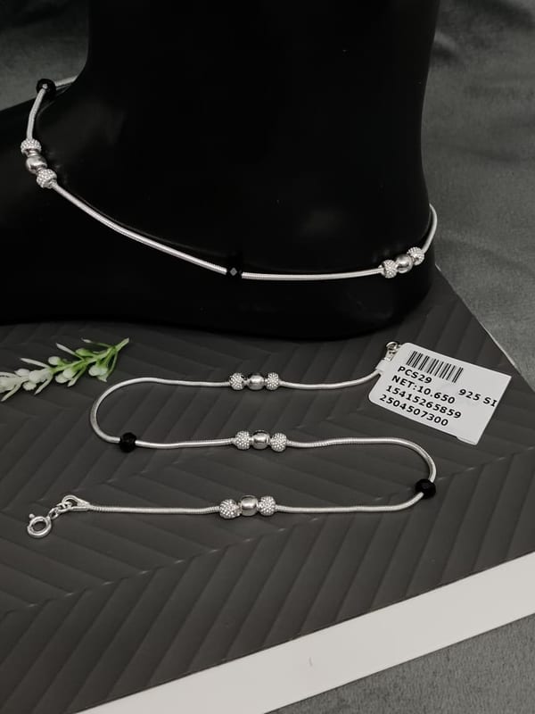 PCS29 Silver Textured Trio Bead Payal Anklet