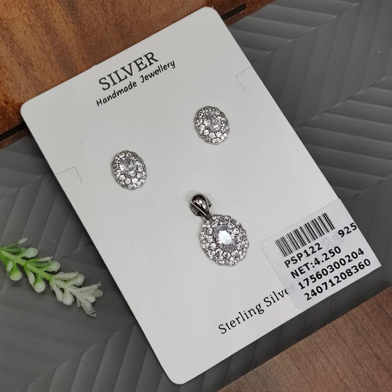 PSP122 White CZ Oval Halo Pendant Set