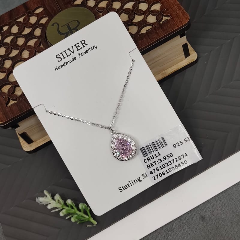 CRU14 Pink Teardrop CZ Halo Chain Necklace