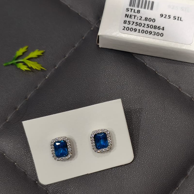 STL8 Sapphire Blue Emerald Cut CZ Studs