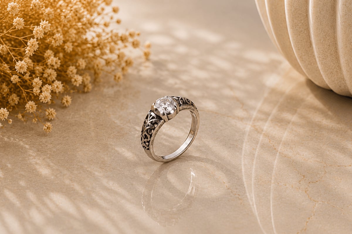Oxidised Filigree CZ Solitaire Ring