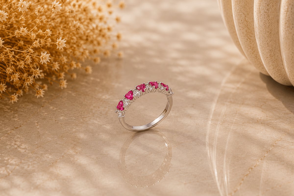 Ruby & CZ Pear Cluster Half Eternity Ring