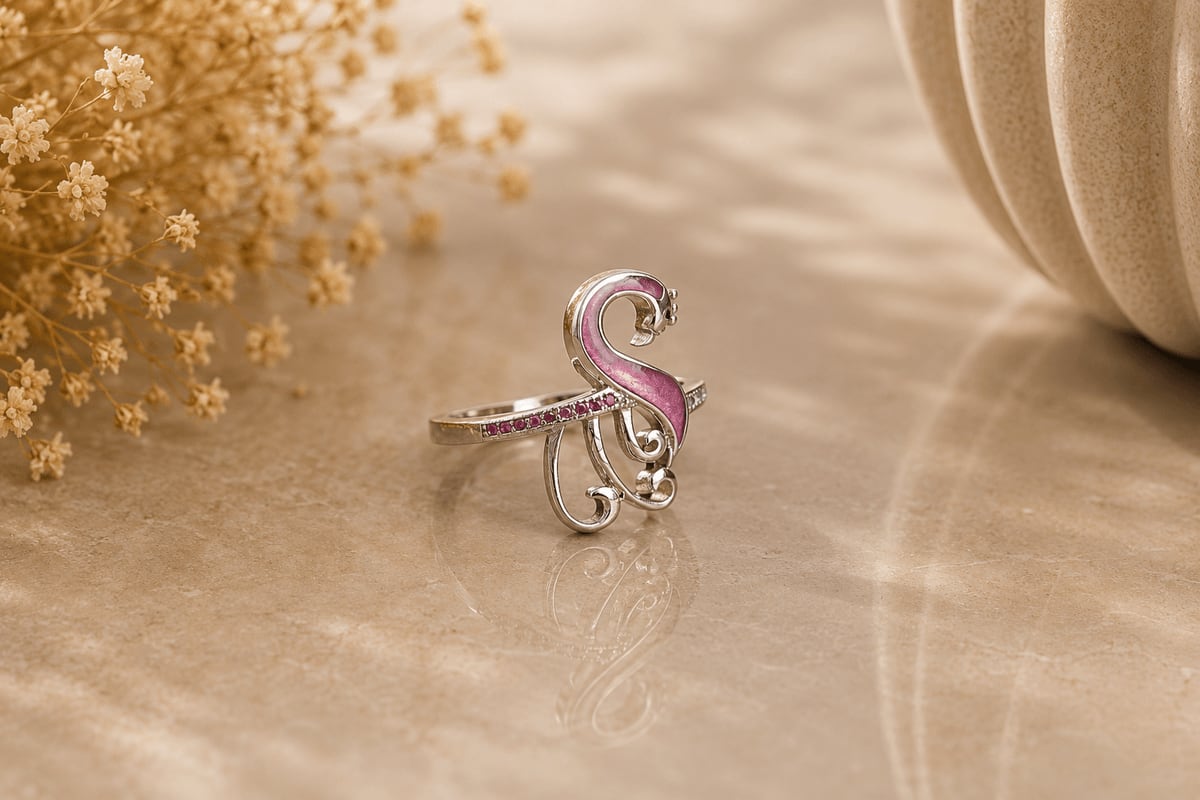 Pink Enamel Peacock Scroll Ring
