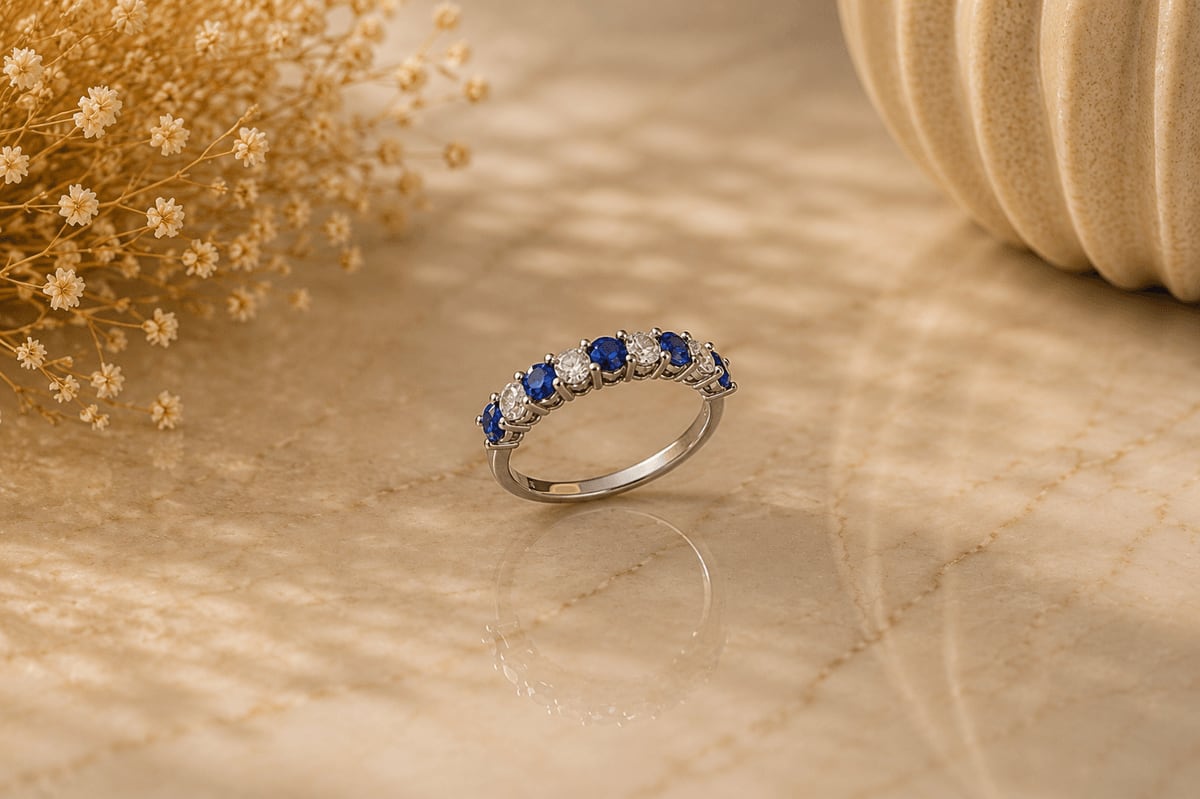Sapphire Blue & CZ Alternating Half Eternity Ring
