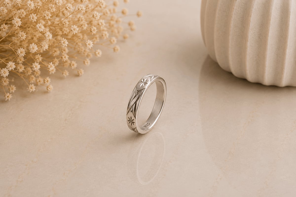 Engraved Star & Flower Band Ring